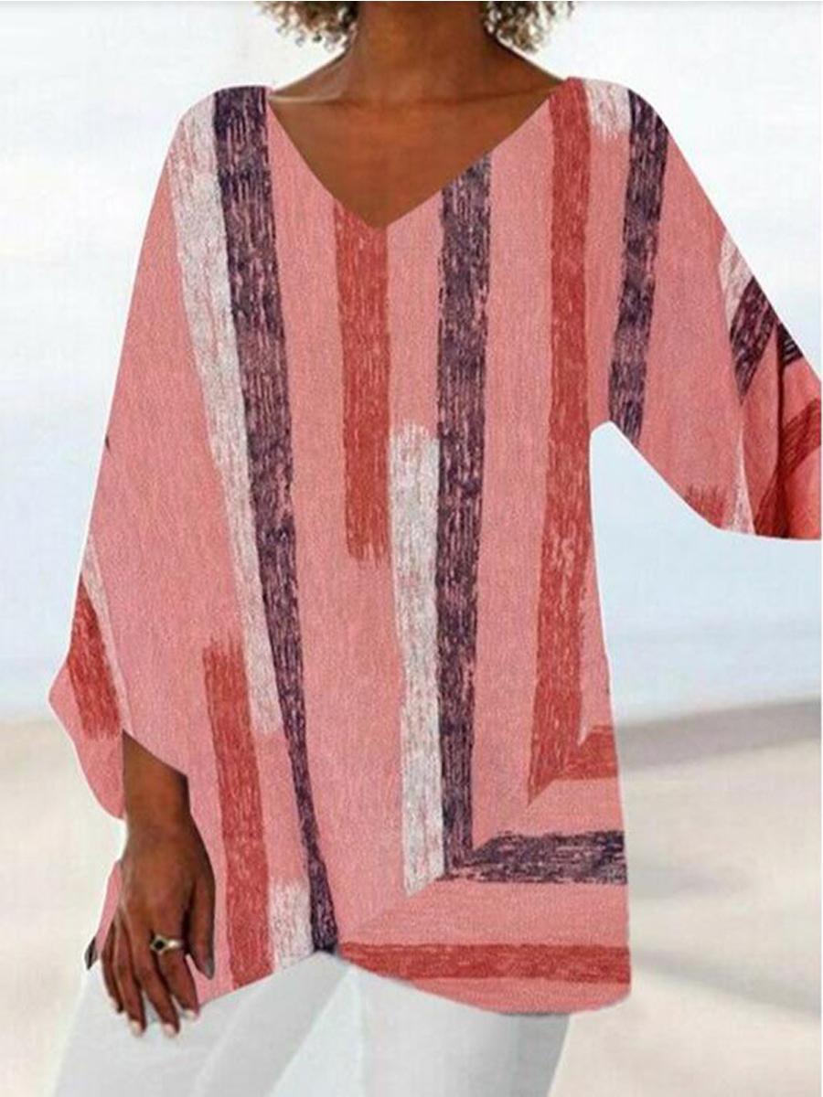 Casual V-Neck Stripe Print Irregular Hem Shirt