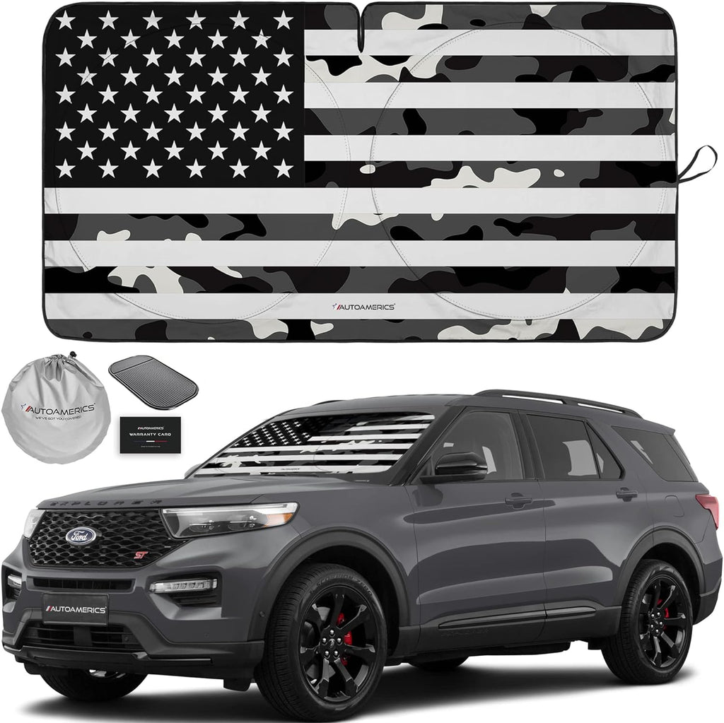 Autoamerics 1-Piece Windshield Sun Shade B&amp;W Camo American Flag USA  - Foldable Car Front Window Sunshade for Most Sedans SUV Truck - Blocks Max UV Rays and Keeps Your Vehicle Cool - Medium