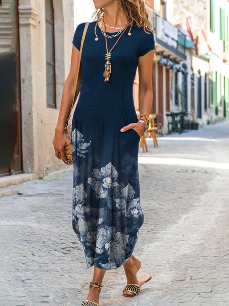 Ladies Round Neck Print Fashion Maxi Dress
