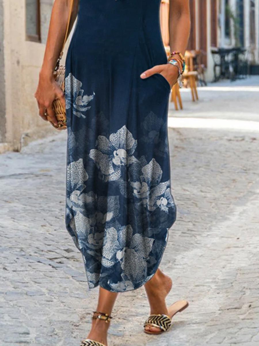 Ladies Round Neck Print Fashion Maxi Dress