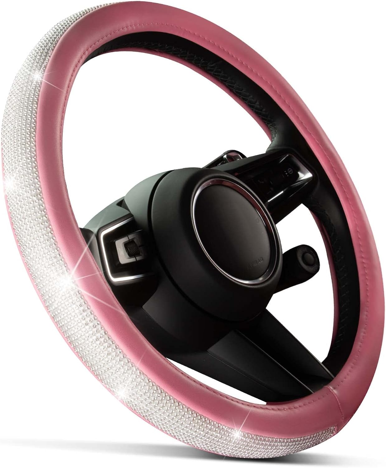 HOTOR Steering Wheel Cover - Cute Bling Car Steering Wheel Cover for Women &amp; Girls with Sparkly Diamond Rhinestones, Bling Car Accessory with Anti-Slip Lining for Diverse Cars (Pink, 14.5-15 inch)