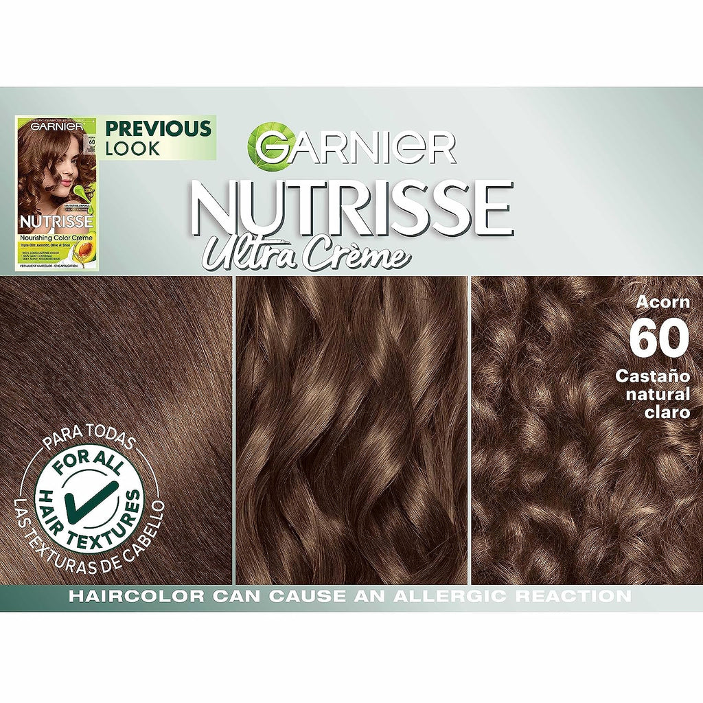 Garnier Hair Color Nutrisse Nourishing Creme, 60 Light Natural Brown (Acorn) Permanent Hair Dye, 2 Count (Packaging May Vary)