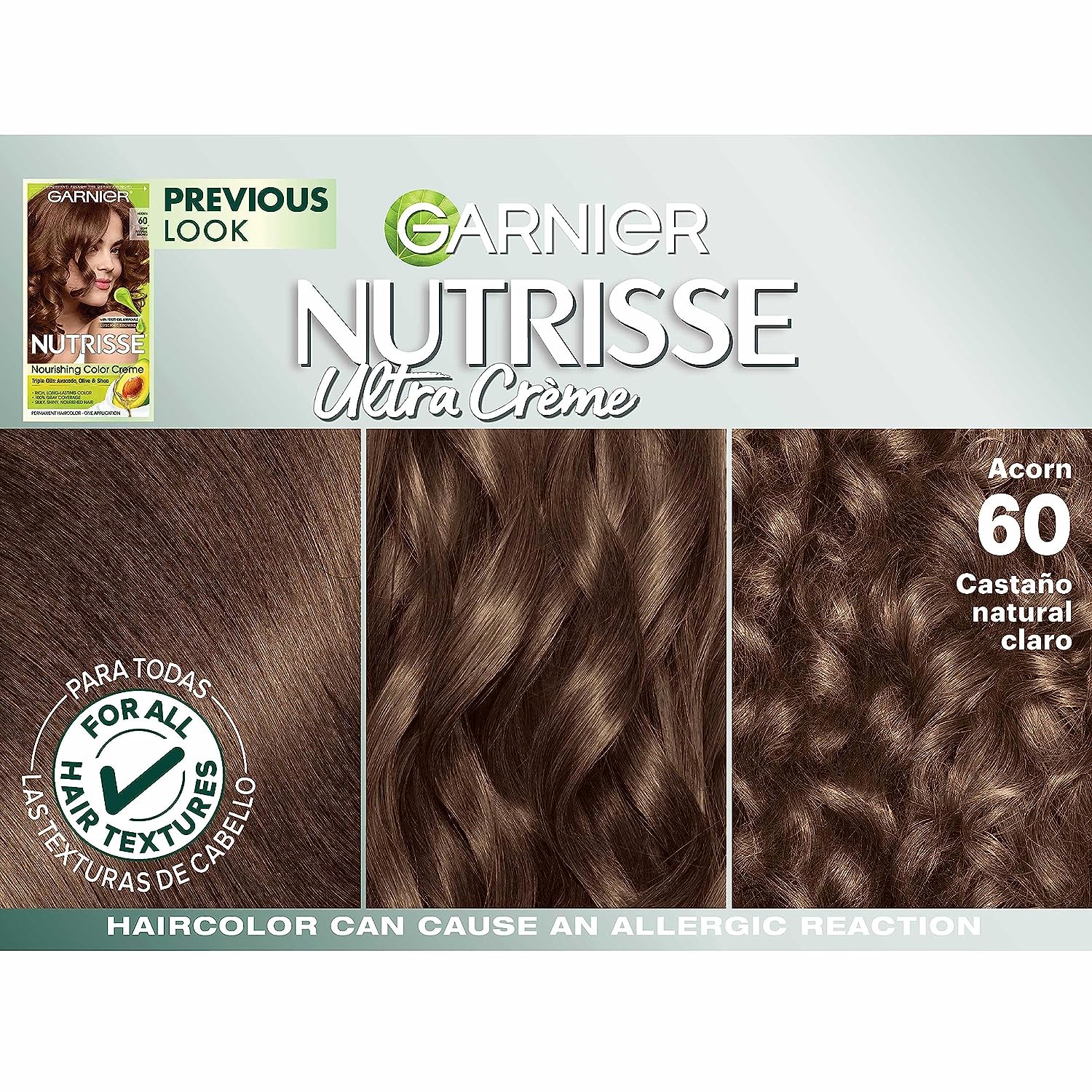 Garnier Hair Color Nutrisse Nourishing Creme, 60 Light Natural Brown (Acorn) Permanent Hair Dye, 2 Count (Packaging May Vary)
