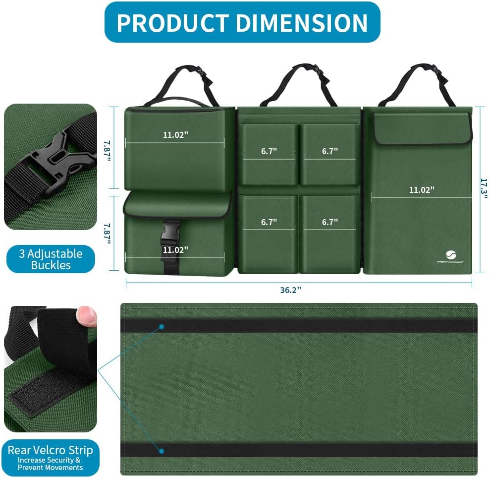 Car Trunk Organizer with Cooler, Hanging Car Organizers and Storage with Large Pockets, Zippers Detachable Seat Back Organizers Storage, Waterproof Car Storage Trunk Organizer for Jeeps, SUVs, Olive