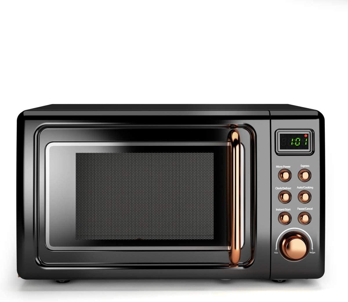 Retro Countertop Microwave Oven, Lar0.7Cu.ft, 700-Watt, Cold Rolled Steel Countertop with Time Setting, Glass Turntable Plate, Pre-Programmed CooSettings, LED Display, Child Lock (Rose Gold)