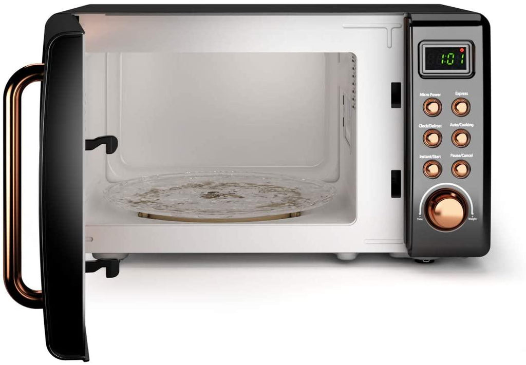 Retro Countertop Microwave Oven, Lar0.7Cu.ft, 700-Watt, Cold Rolled Steel Countertop with Time Setting, Glass Turntable Plate, Pre-Programmed CooSettings, LED Display, Child Lock (Rose Gold)