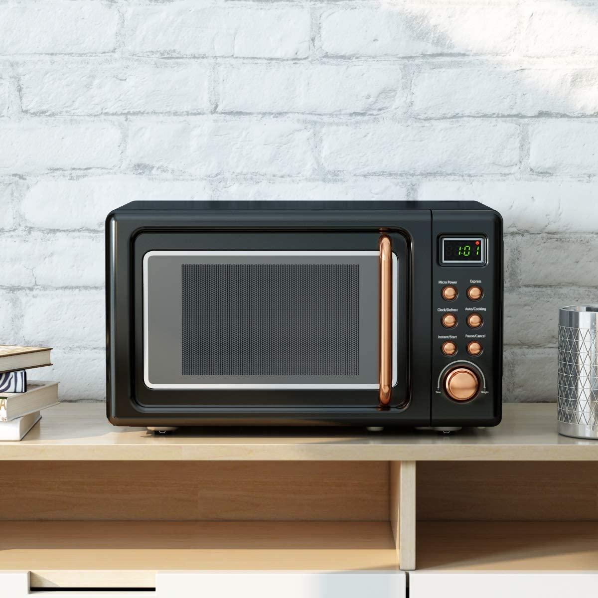 Retro Countertop Microwave Oven, Lar0.7Cu.ft, 700-Watt, Cold Rolled Steel Countertop with Time Setting, Glass Turntable Plate, Pre-Programmed CooSettings, LED Display, Child Lock (Rose Gold)