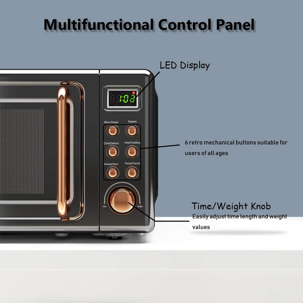 Retro Countertop Microwave Oven, Lar0.7Cu.ft, 700-Watt, Cold Rolled Steel Countertop with Time Setting, Glass Turntable Plate, Pre-Programmed CooSettings, LED Display, Child Lock (Rose Gold)