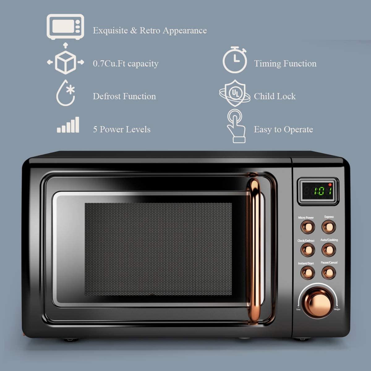 Retro Countertop Microwave Oven, 0.7Cu.ft, 700-Watt, Cold Rolled Steel Plate, 5 Micro Power, Delayed Start Function, with Glass Turntable & Viewing Window, LED Display, Child Lock (Gold)