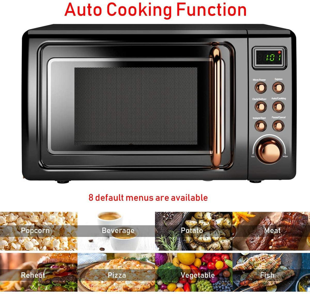 Retro Countertop Microwave Oven, Lar0.7Cu.ft, 700-Watt, Cold Rolled Steel Countertop with Time Setting, Glass Turntable Plate, Pre-Programmed CooSettings, LED Display, Child Lock (Rose Gold)