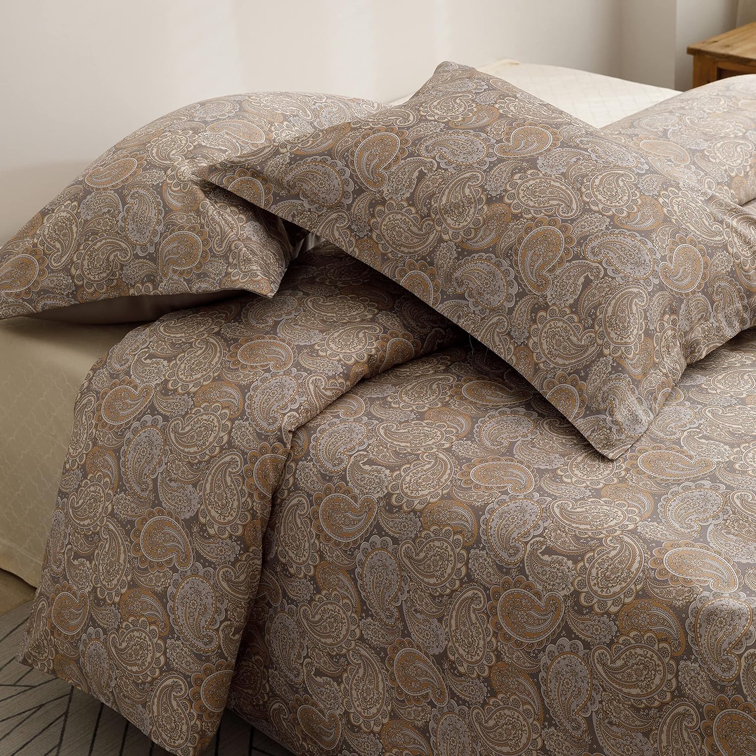 HeimenAogo Egyptian Cotton Duvet Cover Queen Size Sateen Weave, Silky Soft Boho Duvet Cover Zipper Closure, Long Staple Cotton Bed Linen Paisley Pattern 3Pcs