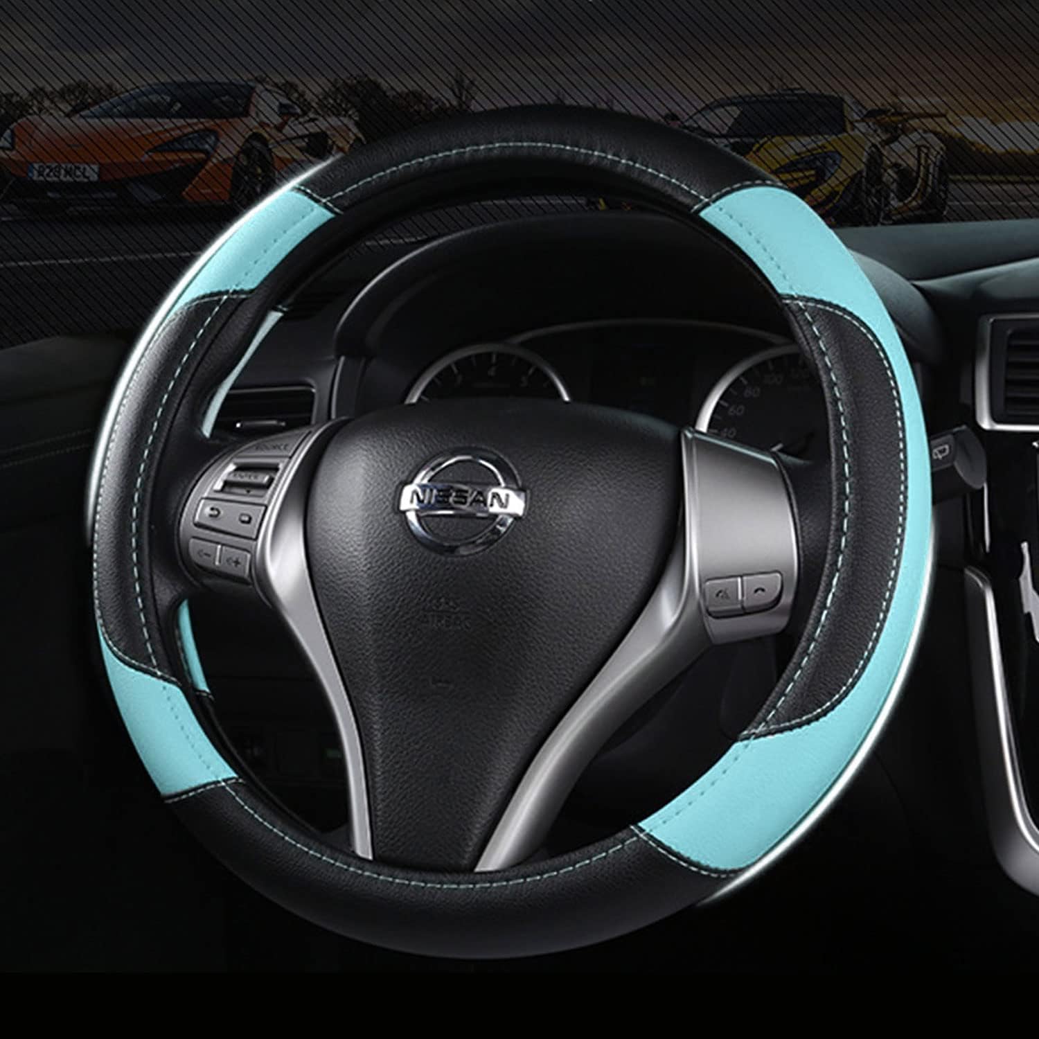 Leather Car Steering Wheel Cover, Non-Slip Car Wheel Cover Protector Breathable Microfiber Leather Universal Fit for Most Cars (Blue)