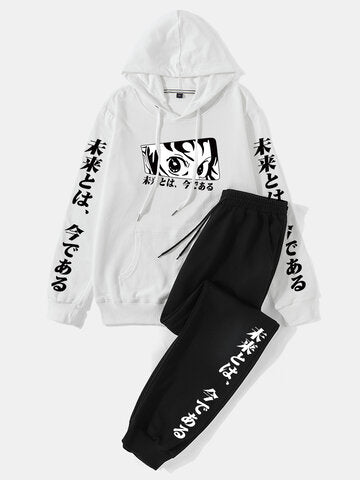 mens japanese anime figure graphic 100% cotton street hoodies two pieces outfits