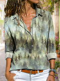 Fashion Forest Print Lapel Long Sleeve Casual Blouse