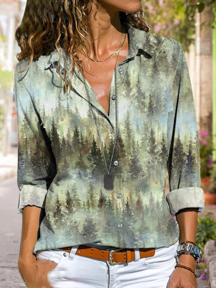 Fashion Forest Print Lapel Long Sleeve Casual Blouse
