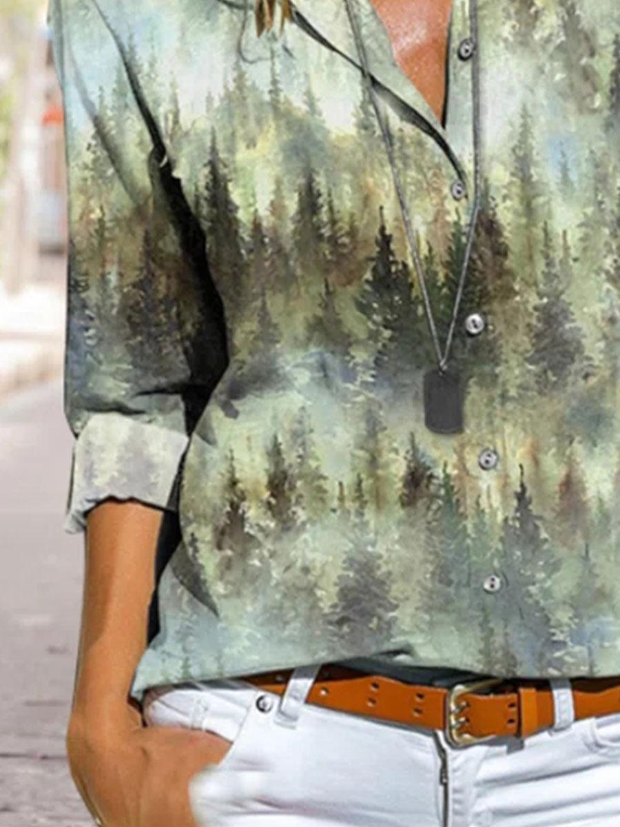 Fashion Forest Print Lapel Long Sleeve Casual Blouse