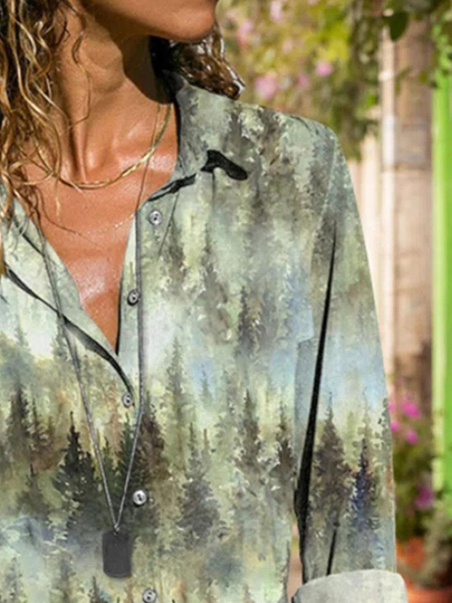 Fashion Forest Print Lapel Long Sleeve Casual Blouse
