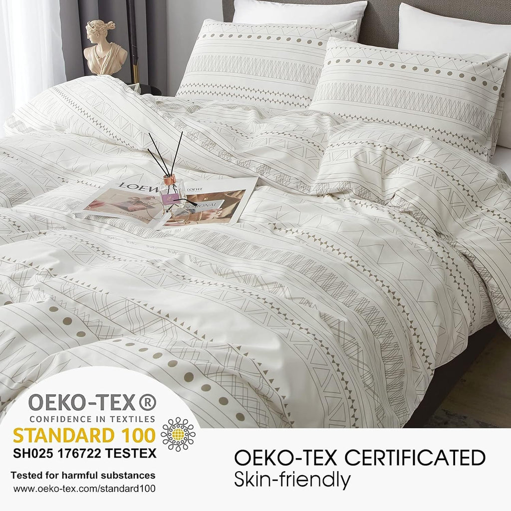 HYPREST Boho Duvet Cover King Size - Soft Boho Aztec White Duvet Cover with Taupe Waves and Traingles Lightweight, Oeko-TEX Certificated (No Comforter)