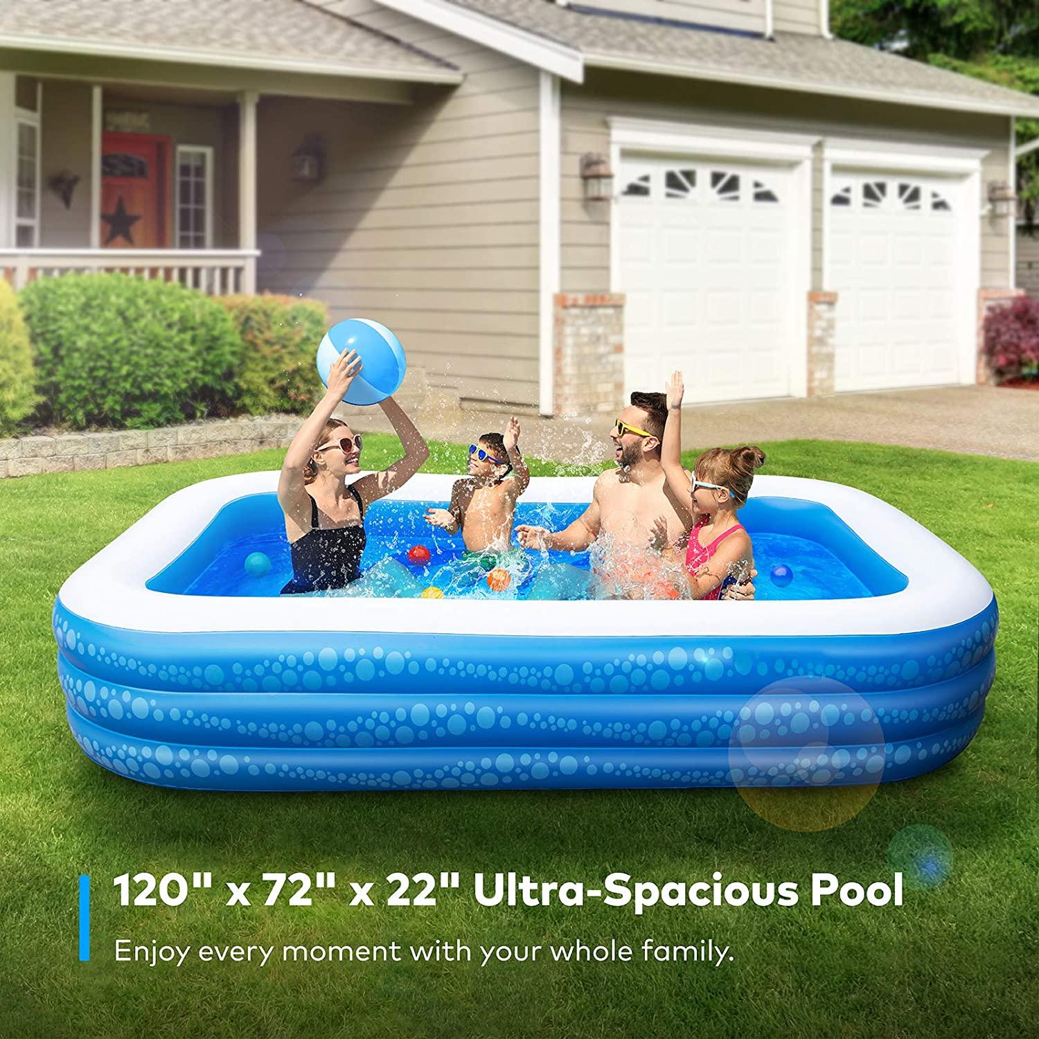 inflatable swimming pool, hesung 118" x 69" x 21" full-sized family kiddie blow up pool for kids, adults, baby, children, thick wear-resistant big above ground, garden, backyard water party for age 3+