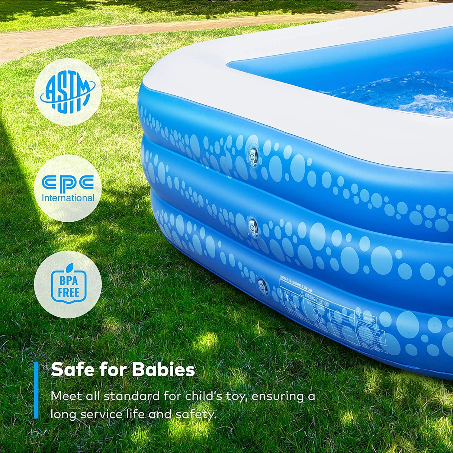inflatable swimming pool, hesung 118" x 69" x 21" full-sized family kiddie blow up pool for kids, adults, baby, children, thick wear-resistant big above ground, garden, backyard water party for age 3+