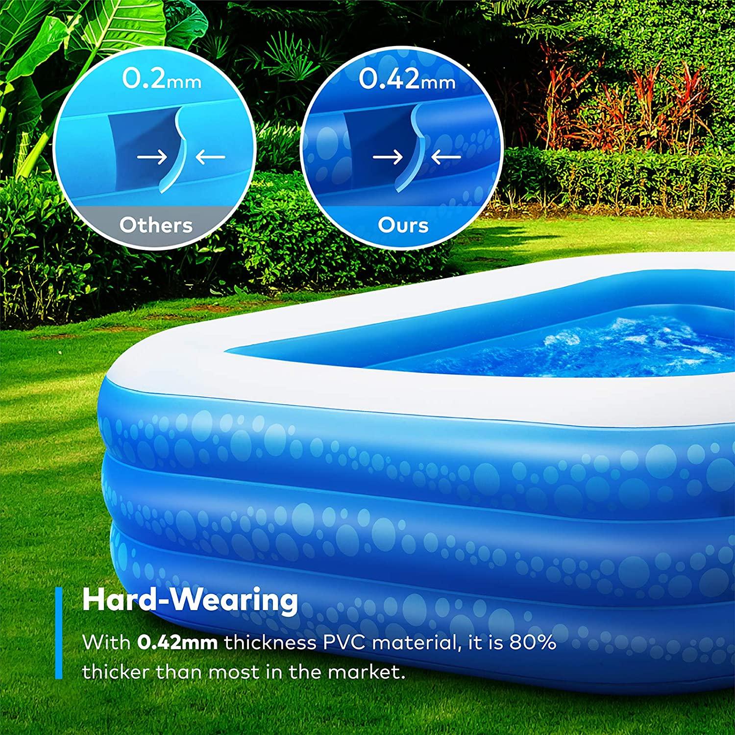 inflatable swimming pool, hesung 118" x 69" x 21" full-sized family kiddie blow up pool for kids, adults, baby, children, thick wear-resistant big above ground, garden, backyard water party for age 3+