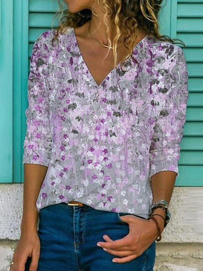 Casual Floral Print V-Neck Long Sleeve T-Shirt