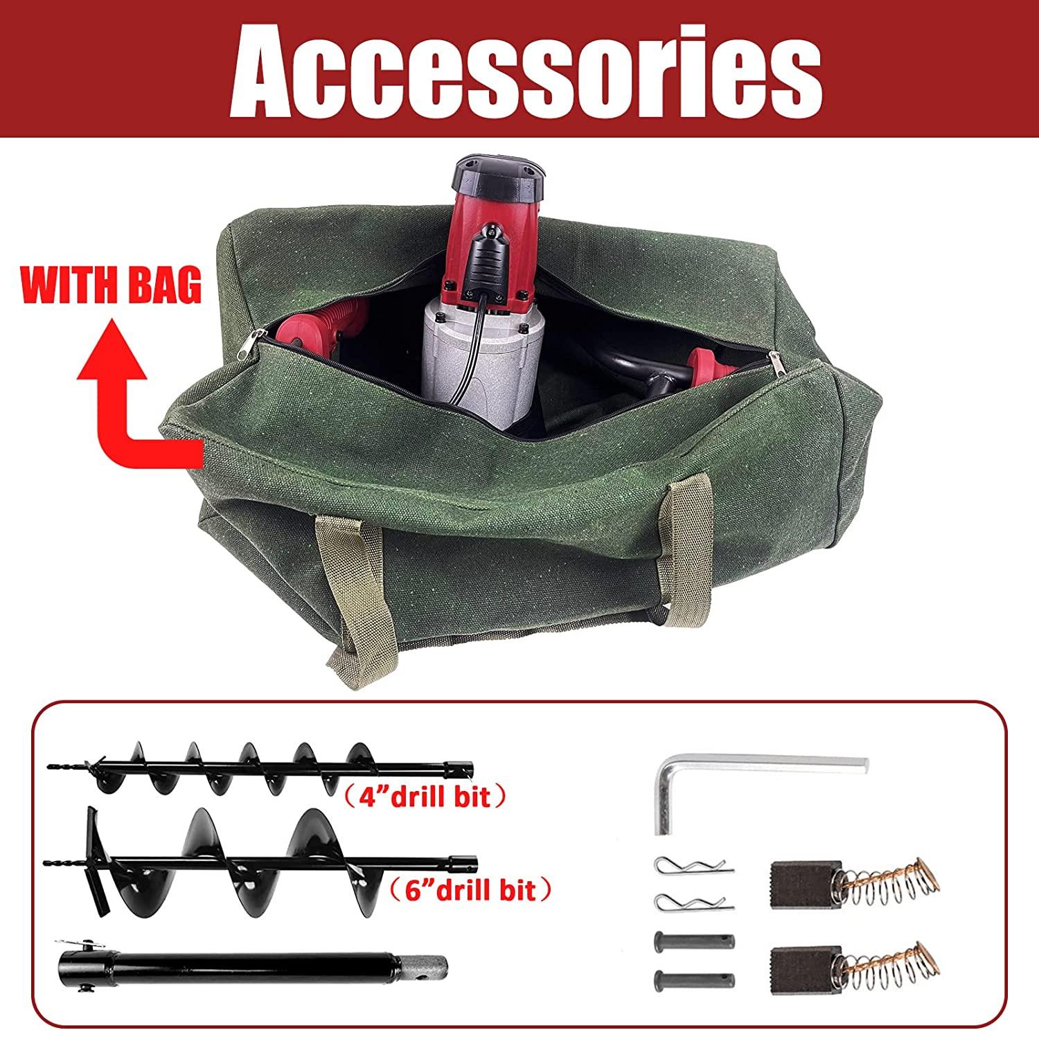 JACKCHEN Electric Post-Hole Digger with StoraBag, Earth Auger Drill, 6-Inch with 4-inch Auger Bit Earth Auger with Carry Bag