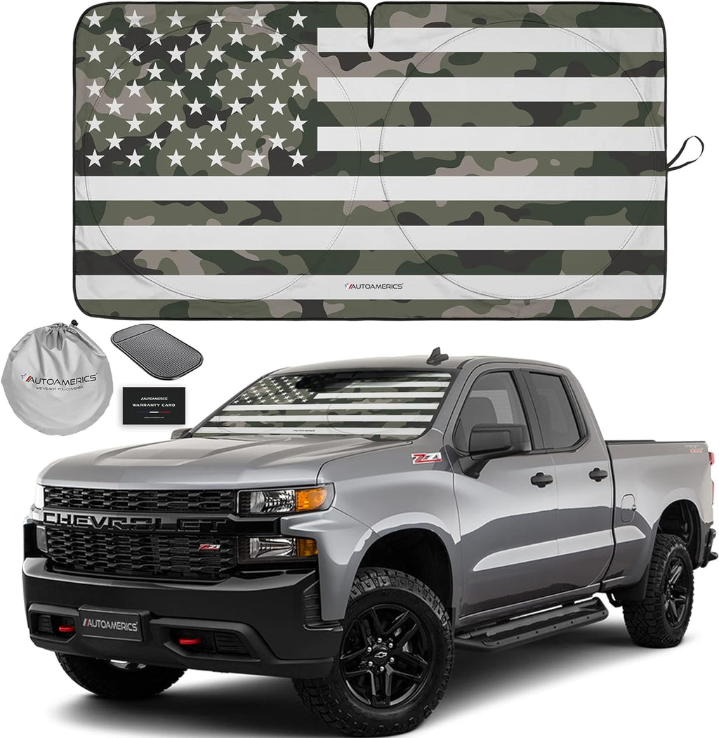 Autoamerics 1-Piece Windshield Sun Shade Green Camo American Flag USA  - Foldable Car Front Window Sunshade for Most Sedans SUV Truck - Blocks Max UV Rays and Keeps Your Vehicle Cool - Large