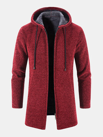 mens chenille knitted plush lined warm drawstring hooded cardigans
