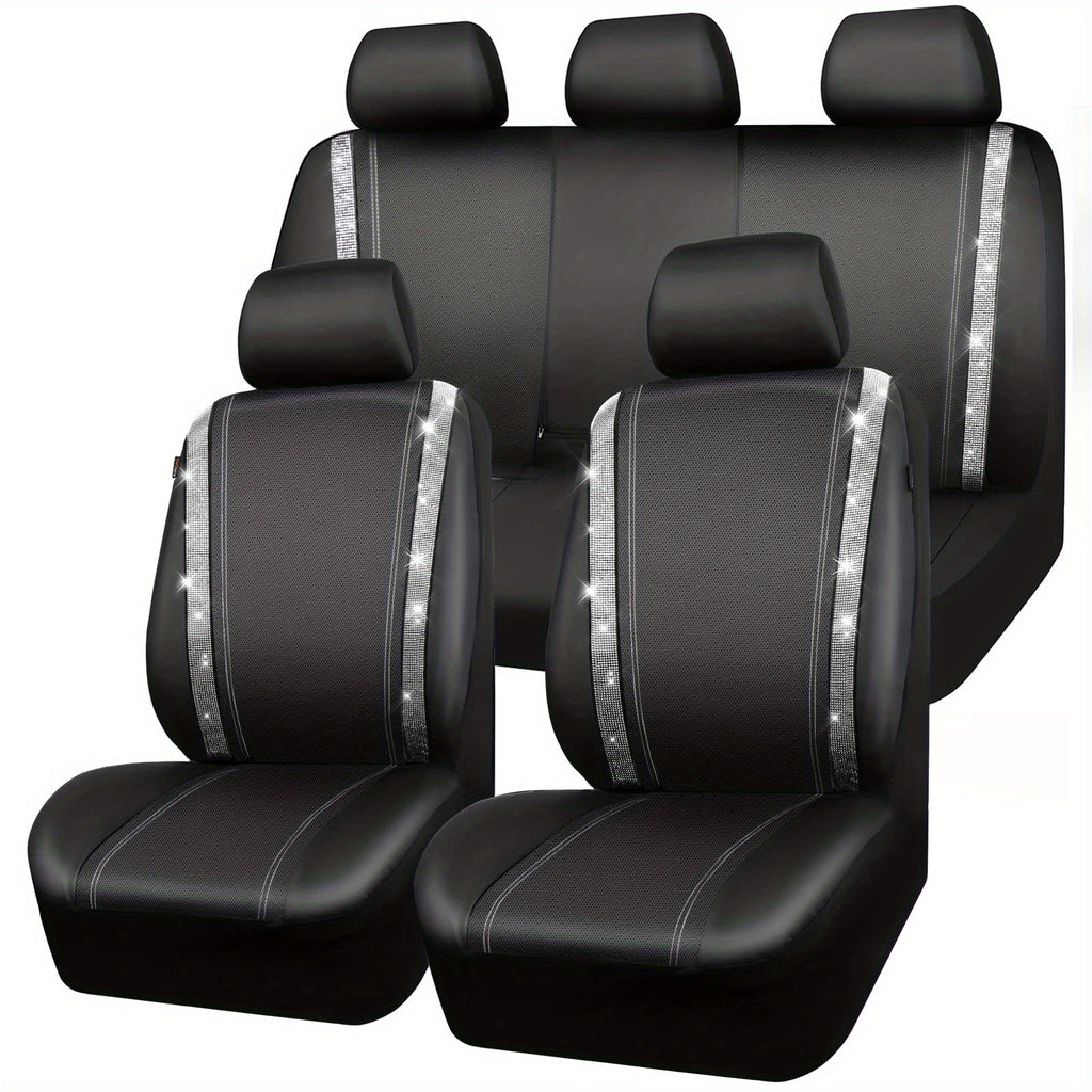 Bling Car Seat Covers Full Set, Shining Rhinestone Waterproof Leather Seat Covers For Women,Universal Fit 95% Automotive, Silver Artificial Diamond