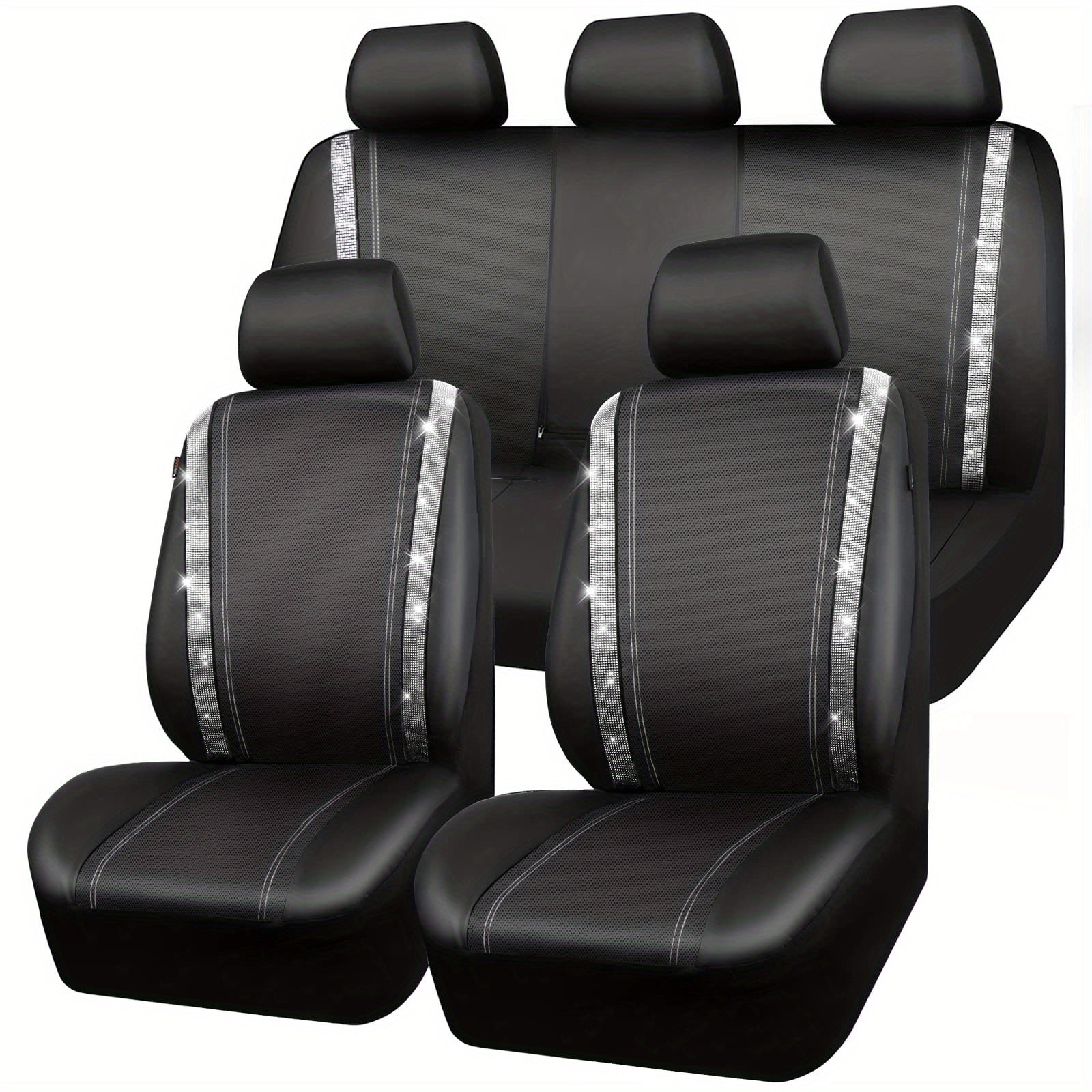 Bling Car Seat Covers Full Set, Shining Rhinestone Waterproof Leather Seat Covers For Women,Universal Fit 95% Automotive, Silver Artificial Diamond