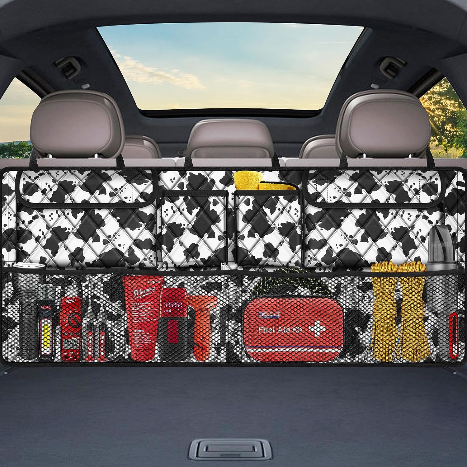 Femuar Car Trunk Organizer,Large Capacity Backseat Trunk Organizer(42"*18"),Collapsible Car Storage Bag with 8 Pocekt,Car Organizer for SUV/MPV/Truck - Cow print
