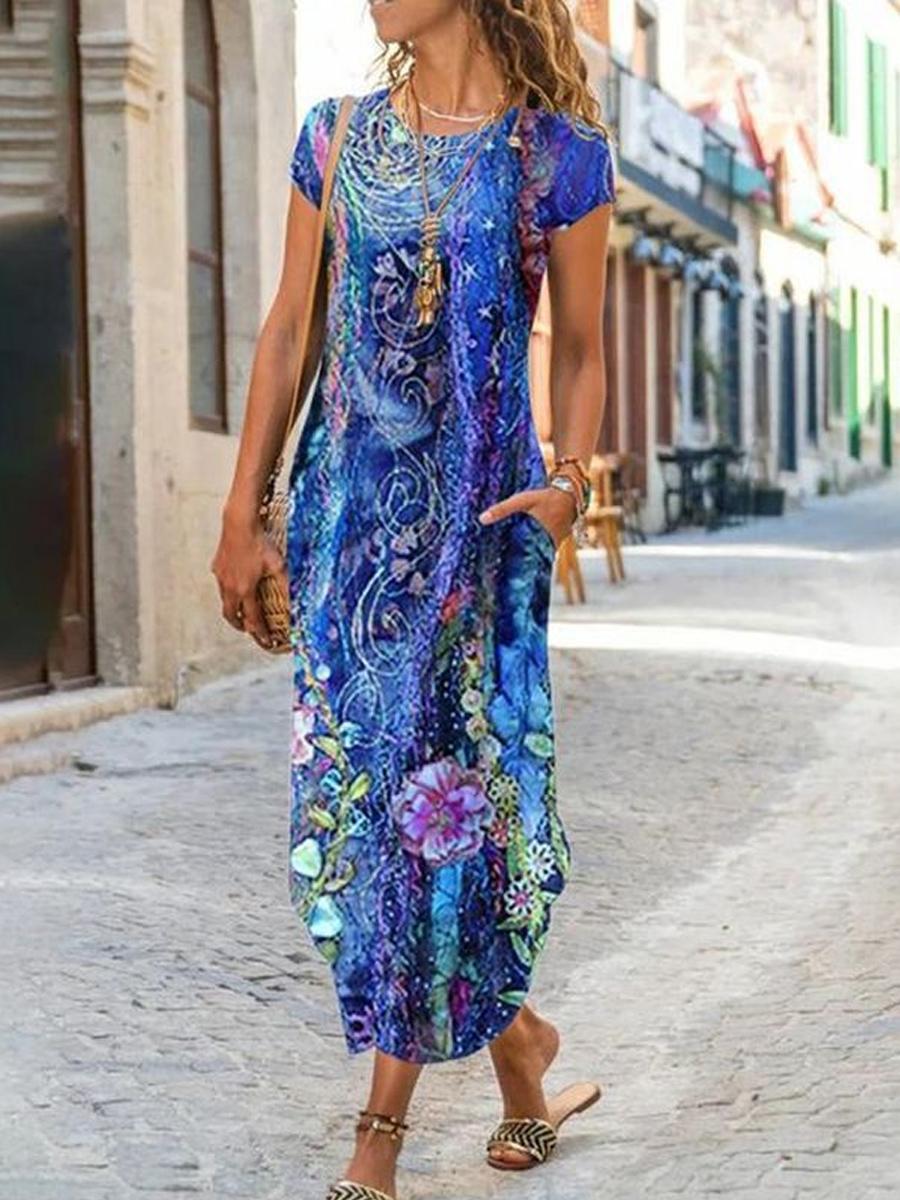 Round Neck Casual Loose Printed Short Sleeve Midi Dress