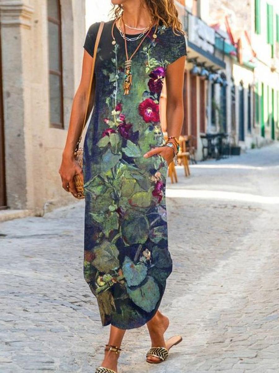 Round Neck Casual Loose Printed Short Sleeve Midi Dress