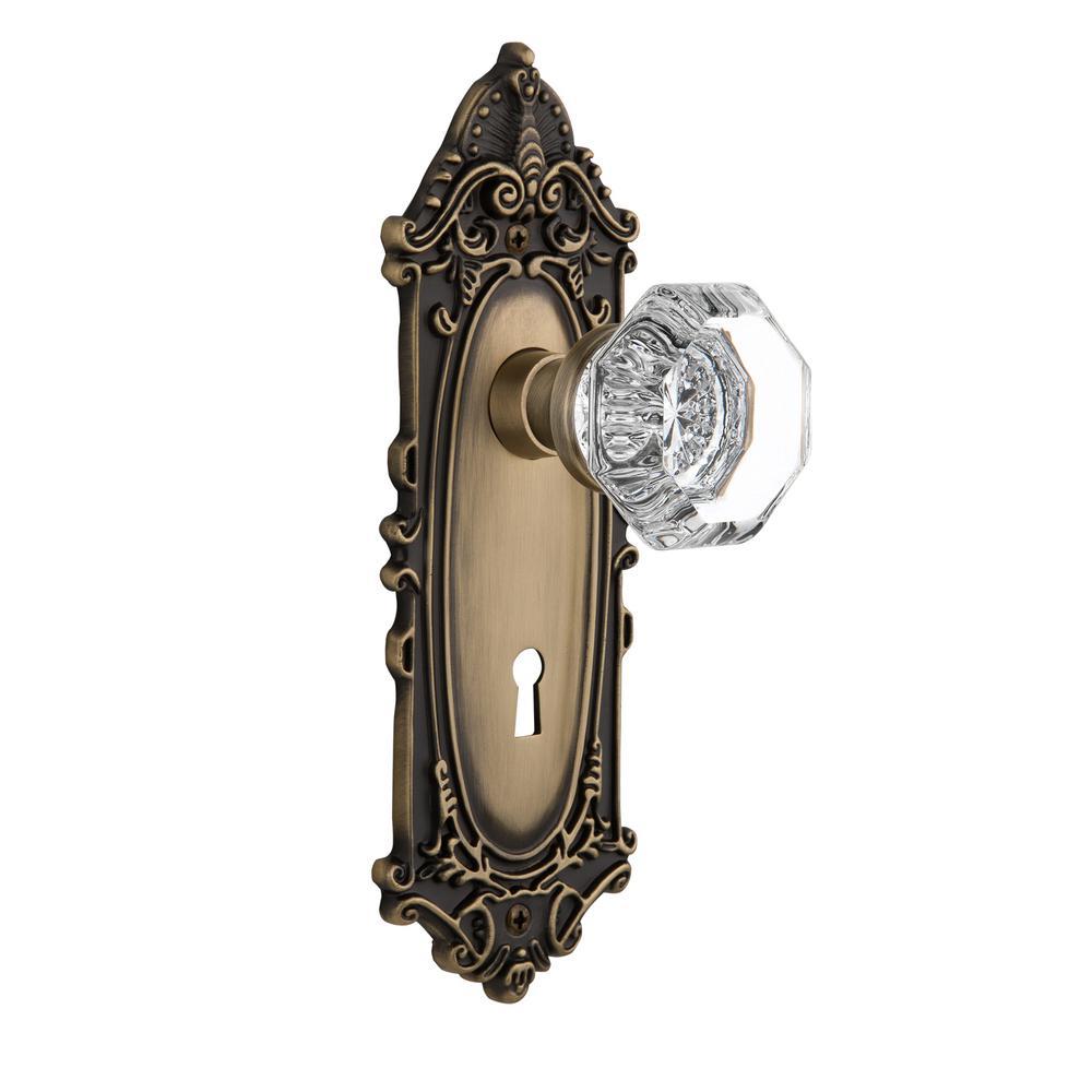 Victorian Plate Interior Mortise Waldorf Door Knob in Antique Brass