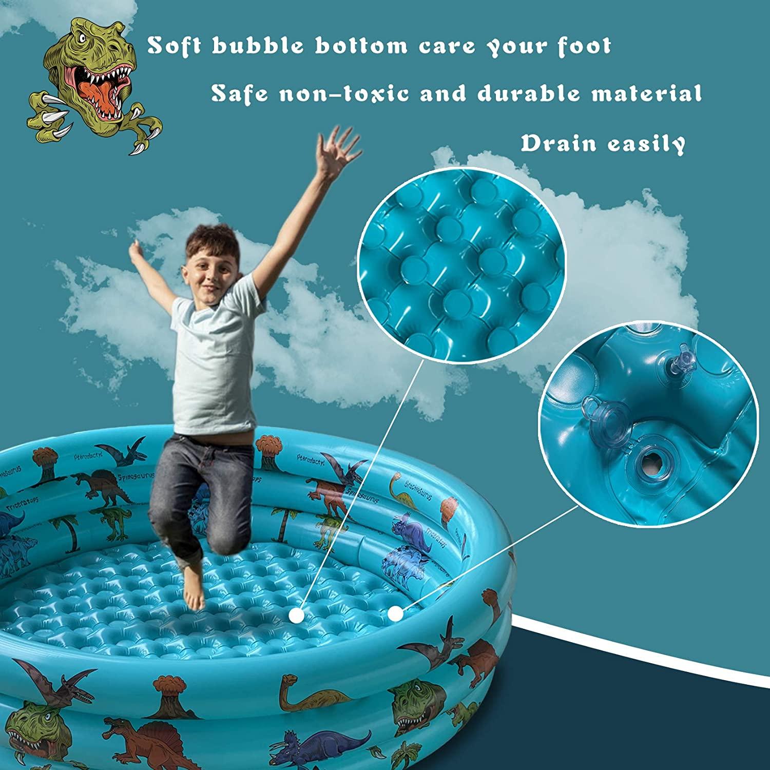 dinosaur inflatable baby pool, small swimming pool for kids, toddler blow up 3 rings round padding pool for outside and indoor, infant pool ball pit/fishing/toys play center for garden- 48”x12”