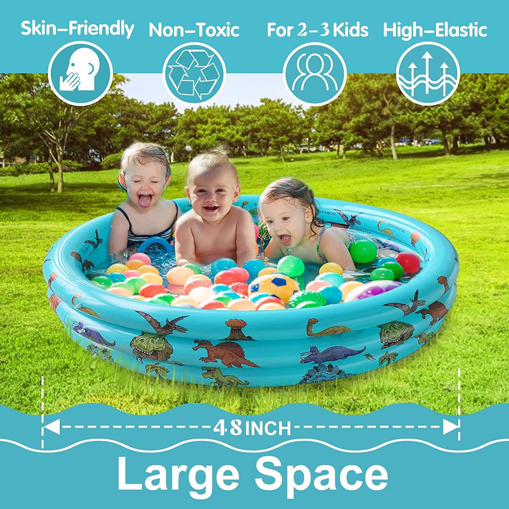 dinosaur inflatable baby pool, small swimming pool for kids, toddler blow up 3 rings round padding pool for outside and indoor, infant pool ball pit/fishing/toys play center for garden- 48”x12”