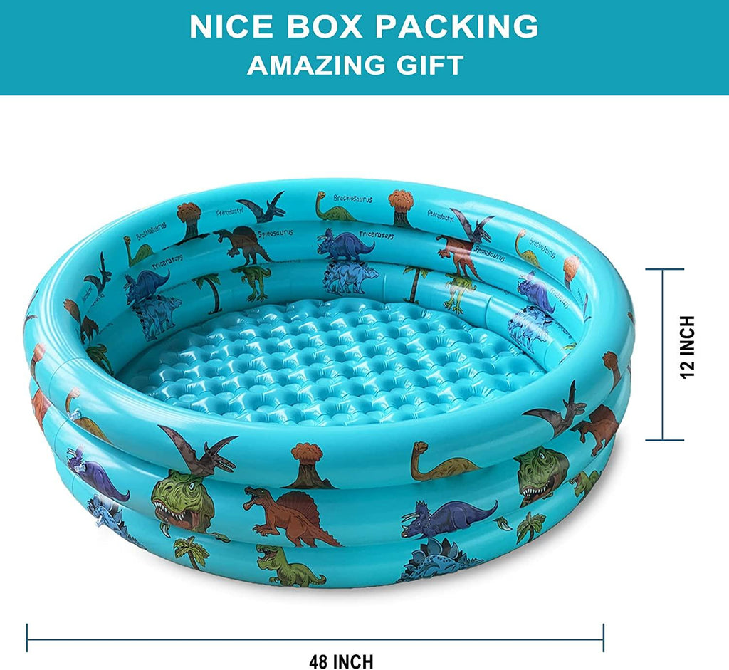 dinosaur inflatable baby pool, small swimming pool for kids, toddler blow up 3 rings round padding pool for outside and indoor, infant pool ball pit/fishing/toys play center for garden- 48”x12”