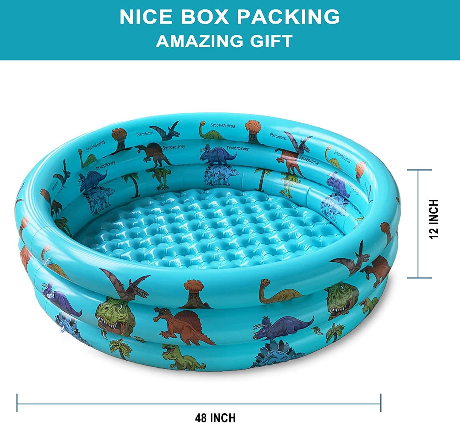 dinosaur inflatable baby pool, small swimming pool for kids, toddler blow up 3 rings round padding pool for outside and indoor, infant pool ball pit/fishing/toys play center for garden- 48”x12”