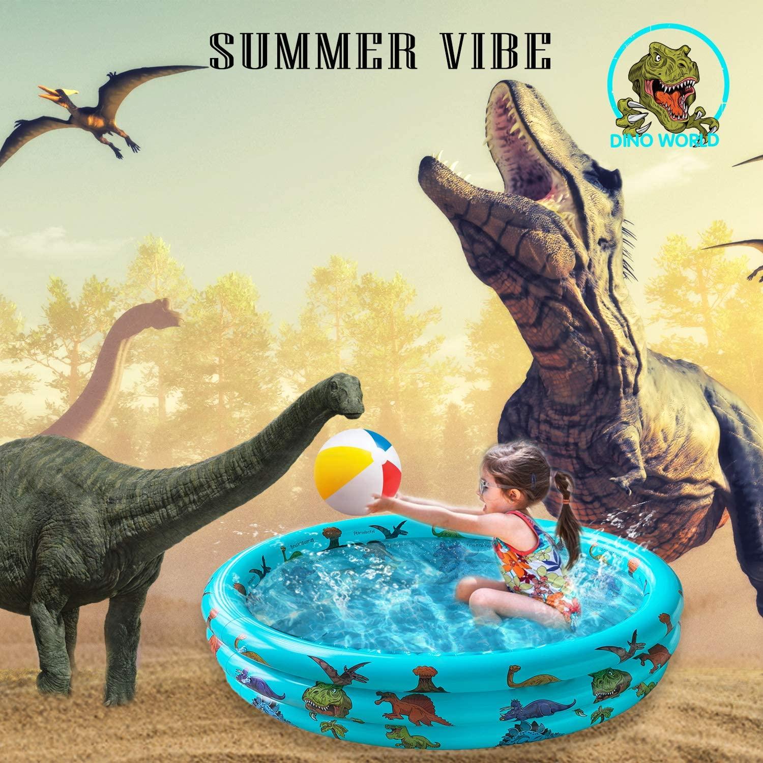 dinosaur inflatable baby pool, small swimming pool for kids, toddler blow up 3 rings round padding pool for outside and indoor, infant pool ball pit/fishing/toys play center for garden- 48”x12”