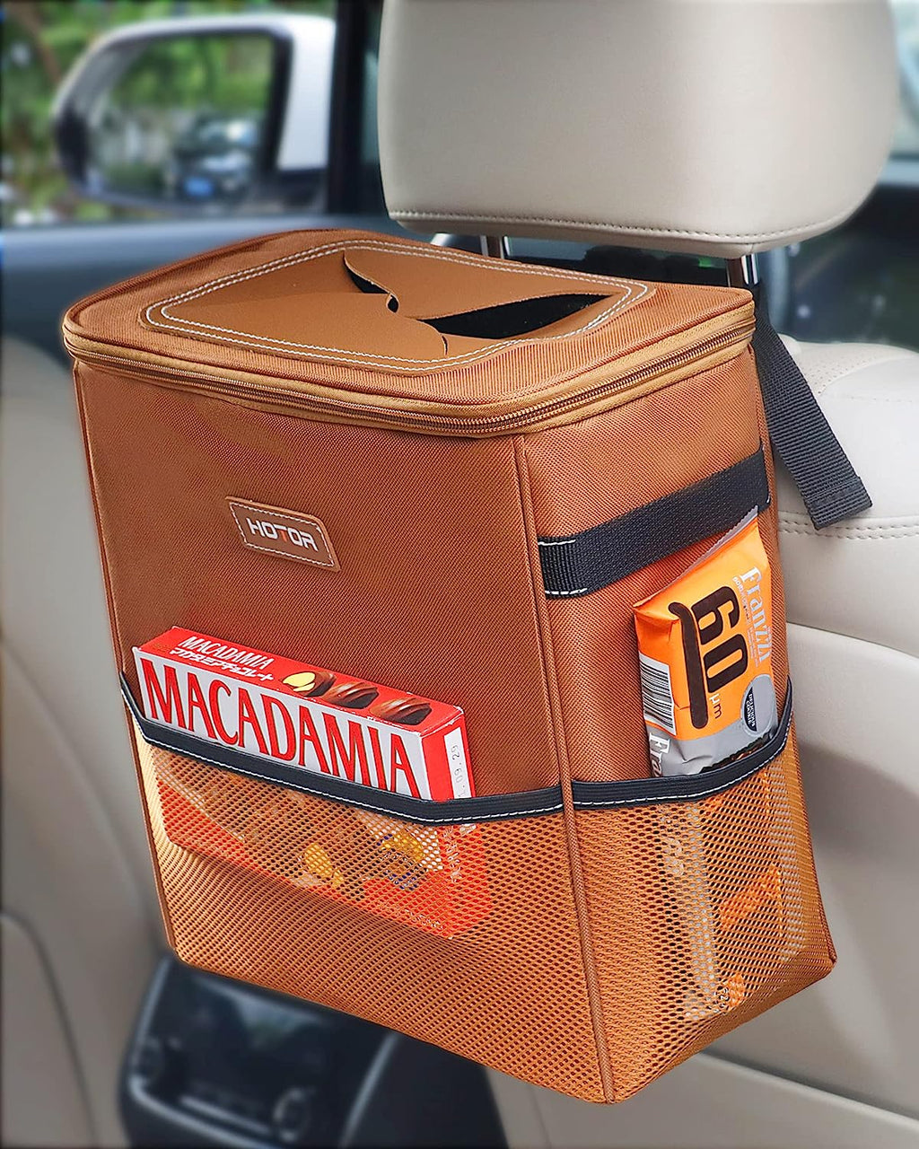 HOTOR Car Trash Can, 3-Gallon Ultra-Large Car Garbage Can, 100% Leakproof &amp; Waterproof Trash Can for Car, Multipurpose Car Trash Bin with Adjustable Straps, Magnetic Buckles, Mesh Pockets (Brown)