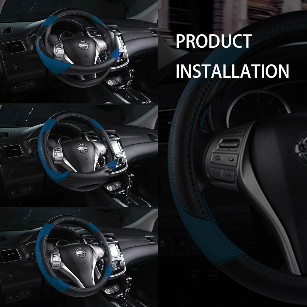 Leather Car Steering Wheel Cover, Non-Slip Car Wheel Cover Protector Breathable Microfiber Leather Universal Fit for Most Cars (Blue-2)