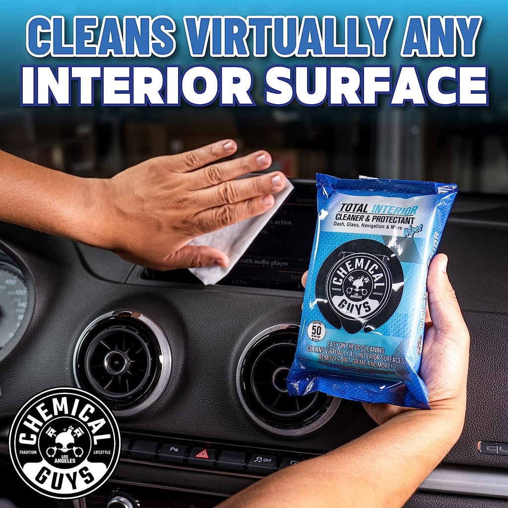Chemical Guys PMWSPI22050 Total Interior Cleaner &amp; Protectant Wipes Mega 50 Pack, Safe for Cars, Trucks, SUVs, Jeeps, Motorcycles, RVs &amp; More ( 50 Ct)