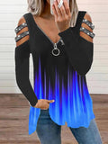 V-neck Loose Off-shoulder Gradient Color Zipper Long-sleeved T-shirt