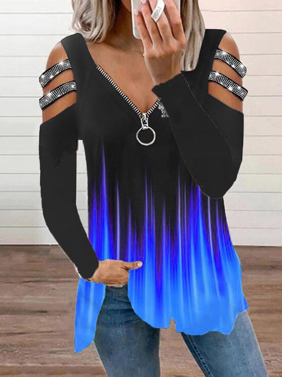 V-neck Loose Off-shoulder Gradient Color Zipper Long-sleeved T-shirt