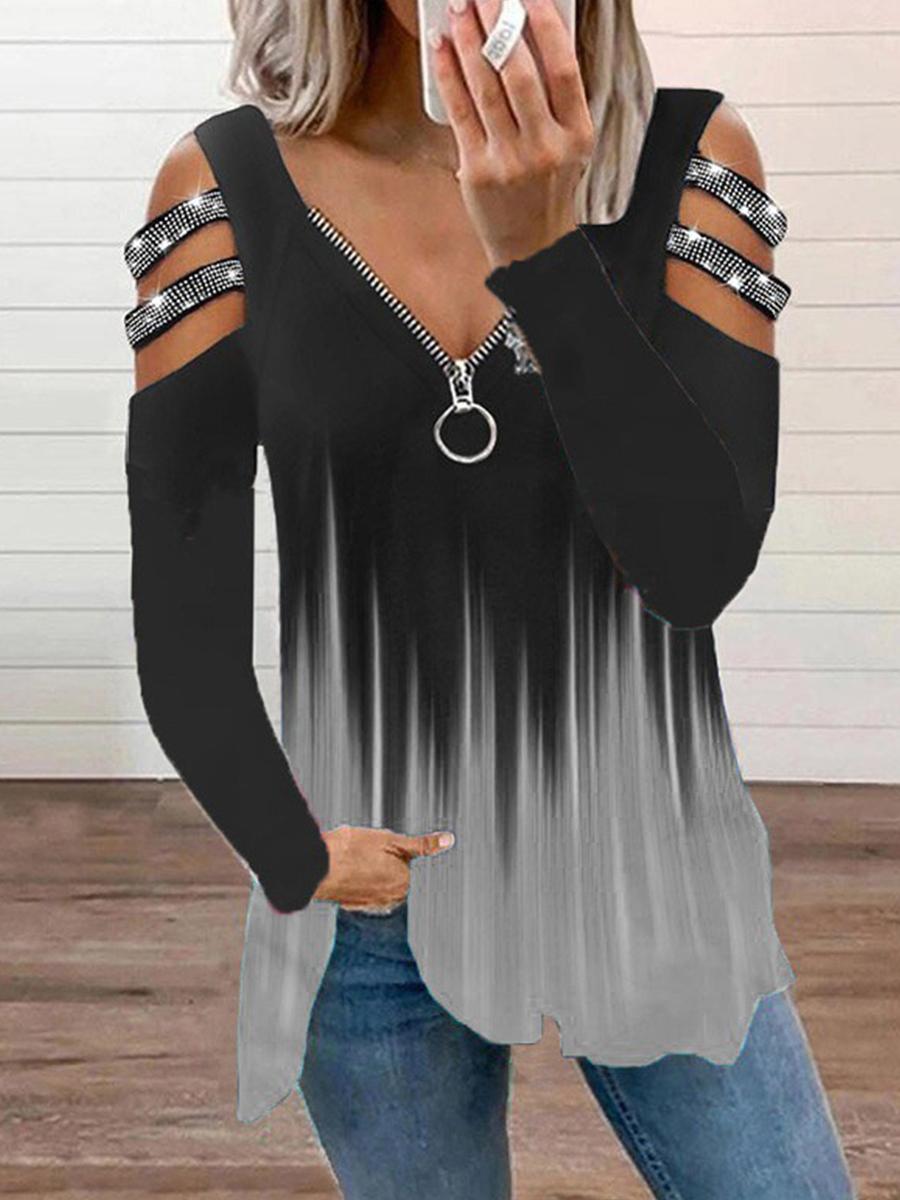 V-neck Loose Off-shoulder Gradient Color Zipper Long-sleeved T-shirt