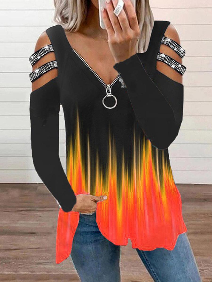 V-neck Loose Off-shoulder Gradient Color Zipper Long-sleeved T-shirt