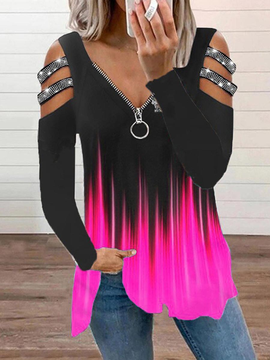 V-neck Loose Off-shoulder Gradient Color Zipper Long-sleeved T-shirt