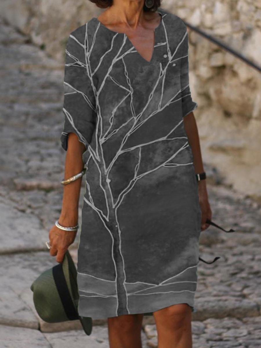 Casual Colorblock Print V-neck Midi Dress