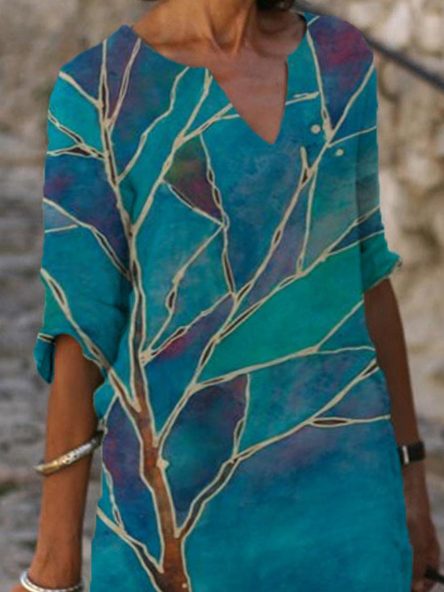 Casual Colorblock Print V-neck Midi Dress